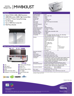 Page 1Because it matters
BenQ  Amer ica C orp.
www .BenQ.us
BenQ is a r egis te re d  tr a d emar k of B enQ  Corp .  D LP® is a r egis te re d  tr a d ema rk  of T exas I nstru me nts .  A ll  rig hts  res erve d.  Product names, logos, brands, and other trademarks 
featured or referred to in this materials are the property of their resp\
ective trademark holders. Specifications subject to change without notice. 
MW843UST
DIGITAL
PROJECTOR
Features Specifications
Projection System
Native Resolution...