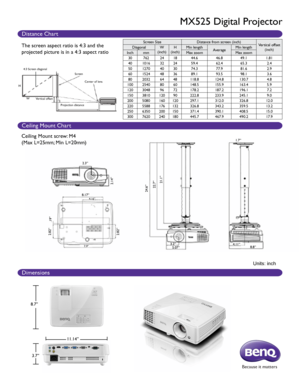 Page 2Units: inch
8.7”3.7” 11.14”
Ceiling Mount Chart
Dimensions
Because it matters
4:3 Screen diagonal
H W Vertical offset
Projection distanceScreen
Center of lens
Screen Size Distance from screen (inch)
Vertical offset 
(inch)
Diagonal
W
(inch) H
(inch) Min length
AverageMin length
Inch mm Max zoom Max zoom
30 762 2418 44.6 46.849.1 1.81
40 1016 3224 59.4 62.465.3 2.4
50 1270 4030 74.3 77.981.6 2.9
60 1524 4836 89.1 93.598.1 3.6
80 2032 6448 118.8 124.8130.7 4.8
100 2540 8060 148.5 155.9163.4 5.9
120 3048...