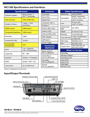 Page 3BenQ.us • BenQ.ca
BenQ is a registered trademark of BenQ Corp.  All rights reserved. Product names, logos, brands, and other trademarks featured or referred to in this material are theproperty of their respective trademark holders. Specifications subject to change without notice.
Specifications
Projection SystemBenQ Colorific ™ 
DLP™ Technology
Color Accuracy100% sRGB Color
Number of Colors1 billion – 10 bit 
processing
sRGB Lumens2,800 lumens
Comparable Brightness4,000 lumens*
Resolution1080p
Contrast...