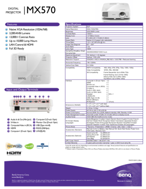 Page 11
2
3
4
56
7
8
9Audio In & Out (Mini Jack)  
S-Video in
Composite Video in (RCA)
HDMI
Computer-1 (D-sub 15pin) Computer-2 (D-sub 15pin)
Monitor Out (D-sub 15pin)
USB (Type mini-B)
RS232 (DB-9pin)
LAN(RJ-45)
B
enQ  Amer ica C orp.
www .BenQ.us
BenQ is a r egis te re d  tr a d emar k of B enQ  Corp .  A ll  rig hts  res erve d.  Product names, logos, brands, and other trademarks featured or referred \
to in this material are the 
property of their respective trademark holders. Specifications subject t\
o...