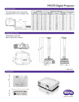 Page 2Units: inch
8.7”3.7” 11.1”
Ceiling Mount Chart
Dimensions
Because it matters
4:3 Screen diagonal
H W Vertical offset
Projection distanceScreen
Center of lens
Screen Size Distance from screen (inch)
Vertical offset 
(inch)
Diagonal
W
(inch) H
(inch) Min length
AverageMin length
Inch mm Max zoom Max zoom
30 762 2418 36.2 41.747.2 1.3
40 1016 3224 48.3 55.663.0 1.8
50 1270 4030 60.3 69.678.8 2.2
60 1524 4836 72.4 83.594.5 2.7
80 2032 6448 96.6 111.3 126.0 3.5
100 2540 8060 120.7 139.2157.5 4.4
120 3048 9672...