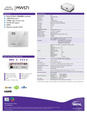 Page 1HIGH-DEFINITION MULTIMEDIA INTERFACE
TM
1
2
3
4
5 6
7
8
9Audio in/out (Mini Jack) 
S-Video in (Mini DIN 4pin) 
Composite Video in (RCA)
HDMI
Computer in 1/2 (D-sub 15pin)
1
Input and Output Terminals
2 4 5 678 9
3
Features
BenQ is a registered trademark of BenQ Corp.  All rights reserved. Produ\
ct names, logos, brands, and other trademarks featured or referred 
to in this material are the property of their respective trademark holde\
rs. Specifications subject to change without notice.Because it...