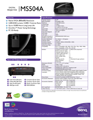 Page 1BenQ is a registered trademark of BenQ Corp.  All rights reserved. Produ\
ct names, logos, brands, and other trademarks featured or referred 
to in this material are the property of their respective trademark holde\
rs. Specifications subject to change without notice.Because it matters
BenQ America Corp.
www.BenQ.us
MS504A 110315_BQus
Native SVGA (800x600) Resolution
3,200 ANSI Lumens; 13,000:1 Contrast Ratio 
Up to 10,000 Hours Long Lamp Life 
SmartEco™ Power Saving Technology
PC 3D-Ready
Input and...