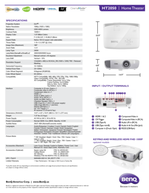 Page 2Because it matters
BenQ America Corp.  |  www.BenQ.us
BenQ is a registered trademark of BenQ Corp. All rights reserved. Product names, logos, brands, and other trademarks featured or referred
to in this material are the property of their respective trademark holders. Specifications subject to change without notice.
SPECIFICATIONS
INPUT / OUTPUT TERMINALS
HT2050  |
  Home Theater
4.8”
14.9”
Projection System DLP®  
Native Resolution
1080p (1920 x 1080)
Brightness2200 ANSI  Lumens
Contrast Ratio15000:1...