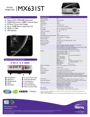 Page 1BenQ is a registered trademark of BenQ Corp.  All rights reserved. Produ\
ct names, logos, brands, and other trademarks featured or referred 
to in this material are the property of their respective trademark holde\
rs. Specifications subject to change without notice.Because it matters
BenQ America Corp.
www.BenQ.us
Input and Output Terminals
1
2
3
4
5 6
7
8
9RS232 (DB-9pin)
USB  (Type A)
USB (Type Mini-B)
HDMI-1
HDMI-2/MHL  Computer in (D-sub 15pin)
S-Video (Mini DIN 4-pin)
Composite Video  in 
Audio in...