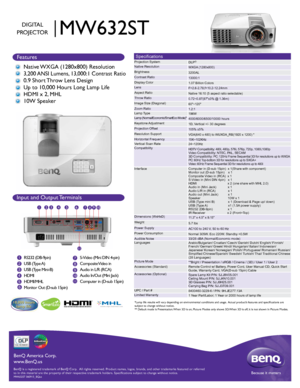 Page 1BenQ is a registered trademark of BenQ Corp.  All rights reserved. Produ\
ct names, logos, brands, and other trademarks featured or referred 
to in this material are the property of their respective trademark holde\
rs. Specifications subject to change without notice.Because it matters
BenQ America Corp.
www.BenQ.us
Input and Output Terminals
HIGH-DEFINITION MUL TIMEDIA INTERFACE
TM
1
2
3
4
5
6 7
8
9RS232 (DB-9pin)
USB  (Type A)
USB (Type Mini-B)
HDMI
HDMI/MHL
Monitor Out (D-sub 15pin)
S-Video (Mini DIN...