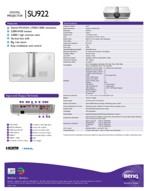 Page 1HIGH-DEFINITION MULTIMEDIA INTERFACE
TM
1
2
3
4
5
6
7 8
9LAN (RJ45) 
 
RS232 (DB-9pin) 
USB (Type Mini B)
USB  (Type A)
HDMI-2
HDMI-1 / MHL
Computer in (D-sub 15pin)
1
10
11
12
13
14
Input and Output Terminals
2 45 67
3 9
8
1314
12
11 10
Features
BenQ is a registered trademark of BenQ Corp.  All rights reserved. Produ\
ct names, logos, brands, and other trademarks featured or referred 
to in this material are the property of their respective trademark holde\
rs. Specifications subject to change without...