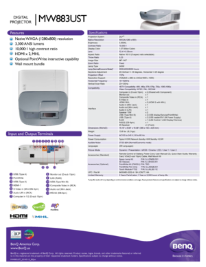 Page 1HIGH-DEFINITION MULTIMEDIA INTERFACE
TM
1
2
3
4
5
6
7 8
9USB  (Type A)
PointWrite
USB  (Type A)
HDMI-1
S-Video in (Mini DIN 4pin)    
Audio L/R in (RCA)  
Computer in 1/2 (D-sub 15pin)
1
10
11
12
13
Input and Output Terminals
2
456 7 8 9
3 10
11 12 13
Features
BenQ is a registered trademark of BenQ Corp.  All rights reserved. Produ\
ct names, logos, brands, and other trademarks featured or referred 
to in this material are the property of their respective trademark holde\
rs. Specifications subject to...