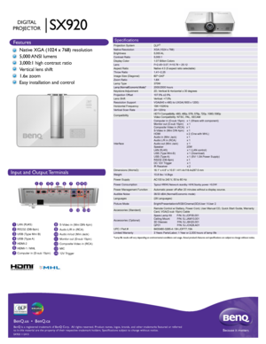 Page 1HIGH-DEFINITION MULTIMEDIA INTERFACE
TM
1
2
3
4
5
6
7 8
9LAN (RJ45) 
 
RS232 (DB-9pin) 
USB (Type Mini B)
USB  (Type A)
HDMI-2
HDMI-1 / MHL
Computer in (D-sub 15pin)
1
10
11
12
13
14
Input and Output Terminals
2 45 67
3 9
8
1314
12
11 10
Features
BenQ is a registered trademark of BenQ Corp.  All rights reserved. Produ\
ct names, logos, brands, and other trademarks featured or referred 
to in this material are the property of their respective trademark holde\
rs. Specifications subject to change without...