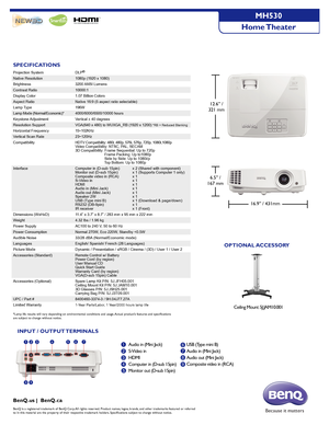 Page 2SPECIFICATIONS
OPTIONAL ACCESSORY
6.5” /
167 mm
16.9” / 431mm
Projection SystemDLP®  
Native Resolution1080p (1920 x 1080)
Brightness3200 ANSI  Lumens
Contrast Ratio10000:1 
Display Color1.07 Billion Colors
Aspect RatioNative 16:9 (5 aspect ratio selectable)
Lamp Type196W
Lamp Mode (Normal/Economic)*4000/6000/6500/10000 hours
Keystone AdjustmentVertical ± 40 degrees
Resolution SupportVGA(640 x 480) to WUXGA_RB (1920 x 1200) *RB = Reduced Blanking
Horizontal Frequency15~102KHz
Vertical Scan Rate23~120Hz...