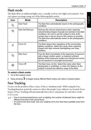 Page 17Capture mode  9
English
Flash mode
The flash offers an additional light source (usually used in a low-light environment). You 
can capture an image using one of the following flash modes.
To select a flash mode:
1. Go to the Capture mode.
2. Keep pressing   to toggle among different flash modes and select a desired option.
Face Tracking
Focuses on the position of faces (max. 10 faces) simultaneously. While using the Face 
Tracking function, point the camera to where the people (your subjects) are...