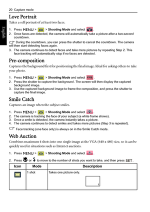 Page 2820  Capture mode
English
Love Portrait
Takes a self portrait of at least two faces.
1. Press  >  > Shooting Mode and select  .
2. Once faces are detected, the camera will automatically take a picture after a two-second 
countdown.
 During the countdown, you can press the shutter to cancel the countdown. The camera 
will then start detecting faces again.
3. The camera continues to detect faces and take more pictures by repeating Step 2. This 
face tracking will automatically stop if no faces are...