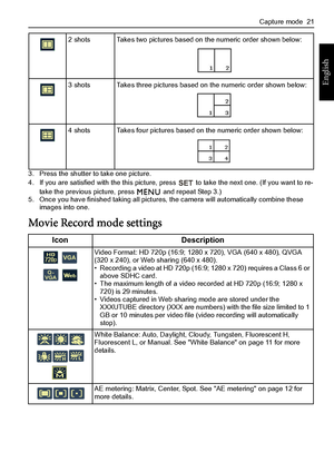 Page 29Capture mode  21
English
3. Press the shutter to take one picture.
4. If you are satisfied with the this picture, press   to take the next one. (If you want to re-
take the previous picture, press   and repeat Step 3.)
5. Once you have finished taking all pictures, the camera will automatically combine these 
images into one.
Movie Record mode settings
2 shots Takes two pictures based on the numeric order shown below:
3 shots Takes three pictures based on the numeric order shown below:
4 shots Takes four...