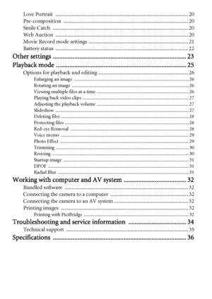 Page 8Love Portrait  ................................................................................................... 20
Pre-composition ............................................................................................. 20
Smile Catch  ..................................................................................................... 20
Web Auction  ................................................................................................... 20
Movie Record mode settings...