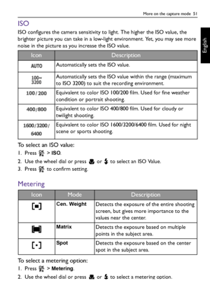 Page 51More on the capture mode  51
English
ISO
ISO configures the camera sensitivity to light. The higher the ISO value, the 
brighter picture you can take in a low-light environment. Yet, you may see more 
noise in the picture as you increase the ISO value.
To select an ISO value:
1. Press  > ISO.
2. Use the wheel dial or press   or   to select an ISO Value.
3. Press   to confirm setting.
Metering
To select a metering option:
1. Press  > Metering.
2. Use the wheel dial or press   or   to select a metering...