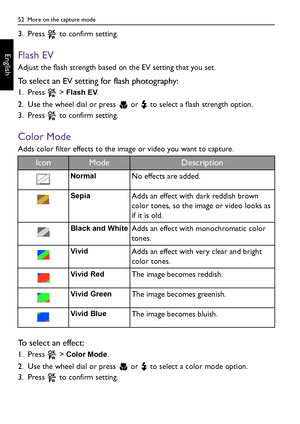 Page 5252  More on the capture mode
English
3. Press   to confirm setting.
Flash EV
Adjust the flash strength based on the EV setting that you set.
To select an EV setting for flash photography:
1. Press  > Flash EV.
2. Use the wheel dial or press   or   to select a flash strength option.
3. Press   to confirm setting.
Color Mode
Adds color filter effects to the image or video you want to capture.
To select an effect:
1. Press  > Color Mode.
2. Use the wheel dial or press   or   to select a color mode option....