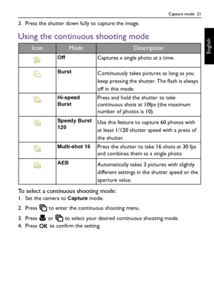 Page 21Capture mode  21
English
3. Press the shutter down fully to capture the image.
Using the continuous shooting mode
To select a continuous shooting mode:
1. Set the camera to Capture mode.
2. Press   to enter the continuous shooting menu.
3. Press   or   to select your desired continuous shooting mode.
4. Press   to confirm the setting.
IconModeDescription
OffCaptures a single photo at a time.
BurstContinuously takes pictures as long as you 
keep pressing the shutter. The flash is always 
off in this...