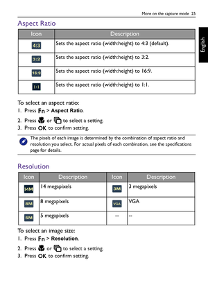 Page 25More on the capture mode  25
English
Aspect Ratio
To select an aspect ratio:
1. Press  > Aspect Ratio.
2. Press   or   to select a setting.
3. Press   to confirm setting.
Resolution
To select an image size:
1. Press  > Resolution.
2. Press   or   to select a setting.
3. Press   to confirm setting.
IconDescription
Sets the aspect ratio (width:height) to 4:3 (default).
Sets the aspect ratio (width:height) to 3:2.
Sets the aspect ratio (width:height) to 16:9.
Sets the aspect ratio (width:height) to 1:1.
The...