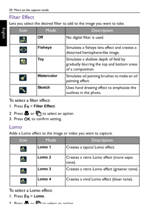 Page 3030  More on the capture mode
English
Filter Effect
Lets you select the desired filter to add to the image you want to take.
To select a filter effect:
1. Press  > Filter Effect.
2. Press   or   to select an option.
3. Press   to confirm setting.
Lomo
Adds a Lomo effect to the image or video you want to capture.
To select a Lomo effect:
1. Press  > Lomo.
2. Press   or   to select an option.
IconModeDescription
OffNo digital filter is used.
FisheyeSimulates a fisheye lens effect and creates a 
distorted...