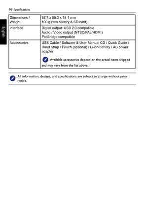 Page 7070  Specifications
English
Dimensions / 
Weight92.7 x 55.3 x 18.1 mm
100 g (w/o battery & SD card)
Interface Digital output: USB 2.0 compatible
Audio / Video output (NTSC/PAL/HDMI)
PictBridge compatible
Accessories USB Cable / Software & User Manual CD / Quick Guide / 
Hand Strap / Pouch (optional) / Li-ion battery / AC power 
adapter
 Available accessories depend on the actual items shipped 
and may vary from the list above. 
All information, designs, and specifications are subject to change without...