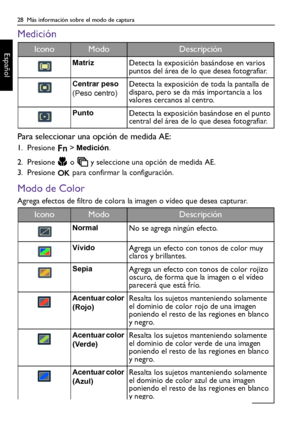 Page 2828  Más información sobre el modo de captura
Español
Medición
Para seleccionar una opción de medida AE:
1. Presione  > Medición.
2. Presione   o   y seleccione una opción de medida AE.
3. Presione   para confirmar la configuración.
Modo de Color
Agrega efectos de filtro de colora la imagen o vídeo que desea capturar.
IconoModoDescripción
MatrizDetecta la exposición basándose en varios 
puntos del área de lo que desea fotografiar.
Centrar peso 
(Peso centro)Detecta la exposición de toda la pantalla de...