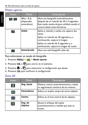 Page 4040  Más información sobre el modo de captura
Español
Modo operat.
Para seleccionar un modo de fotografía:
1. Presione   >   > Modo operat..
2. Presione   o   para entrar en el submenú.
3. Presione   o   para seleccionar la configuración que desee.
4. Presione   para confirmar la configuración.
Área AF
IconoModoDescripción
 10 s. / 2 s. 
(disparador 
automático)Hace una fotografía automáticamente 
después de un retardo de 10 ó 2 segundos. 
Este modo resulta de gran utilidad cuando el 
usuario desea...