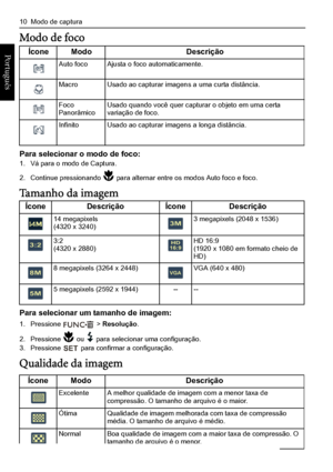 Page 1810  Modo de captura
Português 
Modo de foco
Para selecionar o modo de foco:1. Vá para o modo de Captura.
2. Continue pressionando  para alternar entre os modos Auto foco e foco.
Tamanho da imagem
Para selecionar um tamanho de imagem:
1. Pressione  > Resolução.
2. Pressione  ou  para selecionar uma configuração.3. Pressione  para confirmar a configuração.
Qualidade da imagem
ÍconeModoDescrição
Auto focoAjusta o foco automaticamente.
MacroUsado ao capturar imagens a uma curta distância.
Foco...