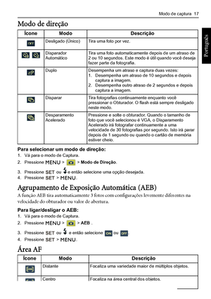 Page 25Modo de captura  17
Português 
Modo de direção
Para selecionar um modo de direção:1. Vá para o modo de Captura.
2. Pressione  >  > Modo de Direção.
3. Pressione  ou e então selecione uma opção desejada.4. Pressione  > .
Agrupamento de Exposição Automática (AEB)
A função AEB tira automaticamente 3 fotos com configurações levemente diferentes na 
velocidade do obturador ou valor de abertura.
Para ligar/desligar o AEB:1. Vá para o modo de Captura.
2. Pressione  >  > AEB .
3. Pressione  ou  e então selecione...