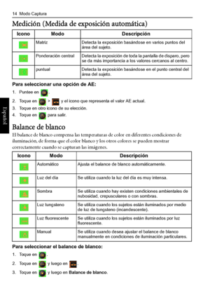 Page 18
14  Modo Captura
Español
Medición (Medida de exposición automática)
Para seleccionar una opción de AE:
1. Puntee en  .
2. Toque en   >   y el icono que representa el valor AE actual.
3. Toque en otro icono de su elección.
4. Toque en   para salir.
Balance de blanco
El balance de blanco compensa las temperaturas de color en diferentes condiciones de 
iluminación, de forma que el color blanco y los otros colores se pueden mostrar 
correctamente cuando se capturan las imágenes.
Para seleccionar el balance...