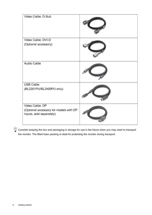 Page 66  Getting started  
Consider keeping the box and packaging in storage for use in the future when you may need to transport 
the monitor. The fitted foam packing is ideal for protecting the monitor during transport.
Video Cable: D-Sub 
Video Cable: DVI-D 
(Optional accessory)
Audio Cable
USB Cable
(BL2201PU/BL2400PU only)
Video Cable: DP
(Optional accessory for models with DP 
inputs, sold separately)
 