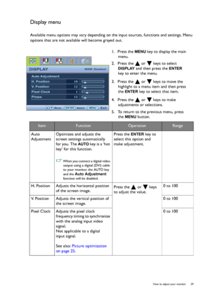 Page 29  29   How to adjust your monitor
Display menu
Available menu options may vary depending on the input sources, functions and settings. Menu 
options that are not available will become grayed out.
1.  Press the 
MENU key to display the main 
menu.
2.  Press the   or   keys to select 
DISPLAY and then press the ENTER 
key to enter the menu.
3.  Press the   or   keys to move the 
highlight to a menu item and then press 
the 
ENTER key to select that item.
4.  Press the   or   keys to make 
adjustments or...