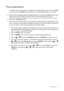 Page 25  25   Picture optimization
Picture optimization
The easiest way to obtain an optimal display from an analog (D-Sub) input is to use the AUTO 
key function. Press the 
AUTO key to optimize the currently displayed image to the screen.
If you wish, you can always adjust the screen geometric settings manually using geometry menu 
items. To assist you in this endeavour, BenQ has provided a screen test image utility which you 
can use to check for screen color, grayscale and line gradient display.
1.  Run the...