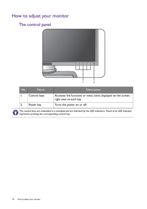 Page 2424  How to adjust your monitor  
How to adjust your monitor
The control panel
No.NameDescription
1.   Control keys Accesses the functions or menu items displayed on the screen, 
right next to each key.
2.   Power key Turns the power on or off.
12
The control keys are embedded in a touchpad and are indicated by the LED indicators. Touch of an LED indicator 
represents pressing the corresponding control key.
 