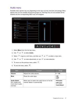 Page 37  37   Navigating the main menu
Audio menu
Available menu options may vary depending on the input sources, functions and settings. Menu 
options that are not available will become grayed out. And keys that are not available will be 
disabled and the corresponding OSD icons will disappear.
1.  Select 
Menu from the hot key menu.
2.  Use   or   to select 
Audio.
3.  Select   to go to a sub menu, and then use   or   to select a menu item.
4.  Use   or   to make adjustments, or use   to make selection.
5....