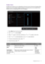 Page 37  37   Navigating the main menu
Audio menu
Available menu options may vary depending on the input sources, functions and settings. Menu 
options that are not available will become grayed out. And keys that are not available will be 
disabled and the corresponding OSD icons will disappear.
1.  Select 
Menu from the hot key menu.
2.  Use   or   to select 
Audio.
3.  Select   to go to a sub menu, and then use   or   to select a menu item.
4.  Use   or   to make adjustments, or use   to make selection.
5....