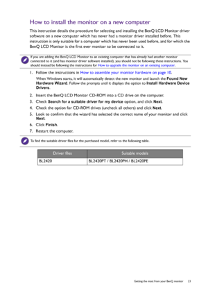 Page 23  23   Getting the most from your BenQ monitor
How to install the monitor on a new computer
This instruction details the procedure for selecting and installing the BenQ LCD Monitor driver 
software on a new computer which has never had a monitor driver installed before. This 
instruction is only suitable for a computer which has never been used before, and for which the 
BenQ LCD Monitor is the first ever monitor to be connected to it.
1.  Follow the instructions in How to assemble your monitor hardware...