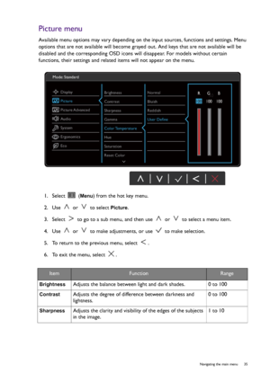 Page 35  35   Navigating the main menu
Picture menu
Available menu options may vary depending on the input sources, functions and settings. Menu 
options that are not available will become grayed out. And keys that are not available will be 
disabled and the corresponding OSD icons will disappear. For models without certain 
functions, their settings and related items will not appear on the menu.
1.  Select 
 (Menu) from the hot key menu.
2.  Use   or   to select 
Picture.
3.  Select   to go to a sub menu, and...