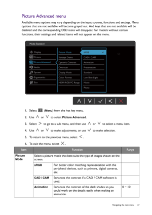 Page 37  37   Navigating the main menu
Picture Advanced menu
Available menu options may vary depending on the input sources, functions and settings. Menu 
options that are not available will become grayed out. And keys that are not available will be 
disabled and the corresponding OSD icons will disappear. For models without certain 
functions, their settings and related items will not appear on the menu. 
1.  Select 
 (Menu) from the hot key menu.
2.  Use   or   to select 
Picture Advanced.
3.  Select   to go...