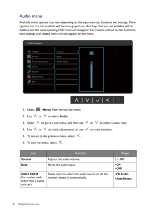 Page 4040  Navigating the main menu  
Audio menu
Available menu options may vary depending on the input sources, functions and settings. Menu 
options that are not available will become grayed out. And keys that are not available will be 
disabled and the corresponding OSD icons will disappear. For models without certain functions, 
their settings and related items will not appear on the menu.
1.  Select 
 (Menu) from the hot key menu.
2.  Use   or   to select 
Audio.
3.  Select   to go to a sub menu, and then...