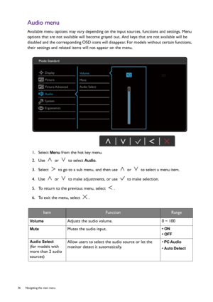 Page 3636  Navigating the main menu  
Audio menu
Available menu options may vary depending on the input sources, functions and settings. Menu 
options that are not available will become grayed out. And keys that are not available will be 
disabled and the corresponding OSD icons will disappear. For models without certain functions, 
their settings and related items will not appear on the menu.
1.  Select 
Menu from the hot key menu.
2.  Use   or   to select 
Audio.
3.  Select   to go to a sub menu, and then use...