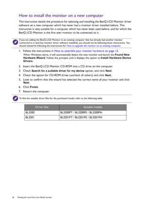 Page 2626  Getting the most from your BenQ monitor  
How to install the monitor on a new computer
This instruction details the procedure for selecting and installing the BenQ LCD Monitor driver 
software on a new computer which has never had a monitor driver installed before. This 
instruction is only suitable for a computer which has never been used before, and for which the 
BenQ LCD Monitor is the first ever monitor to be connected to it.
1.  Follow the instructions in How to assemble your monitor hardware...