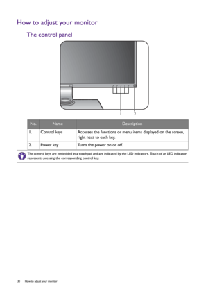 Page 3030  How to adjust your monitor  
How to adjust your monitor
The control panel
No.NameDescription
1.   Control keys Accesses the functions or menu items displayed on the screen, 
right next to each key.
2.   Power key Turns the power on or off.
12
The control keys are embedded in a touchpad and are indicated by the LED indicators. Touch of an LED indicator 
represents pressing the corresponding control key.
 