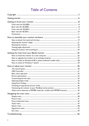 Page 44   
Table of Contents
Copyright ......................................................................................................................................2
Getting started  .............................................................................................................................6
Getting to know your monitor ................................................................................................8
Front view (for BL3200)...