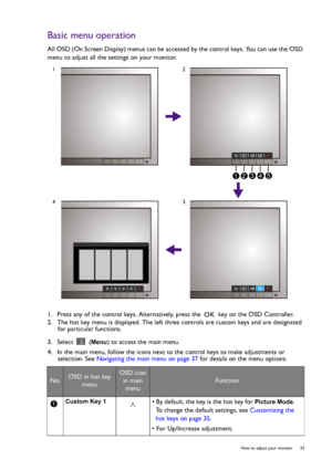 Page 33  33   How to adjust your monitor
Basic menu operation
All OSD (On Screen Display) menus can be accessed by the control keys. You can use the OSD 
menu to adjust all the settings on your monitor.
1.  Press any of the control keys. Alternatively, press the   key on the OSD Controller.
2.  The hot key menu is displayed. The left three controls are custom keys and are designated 
for particular functions.
3.  Select   (
Menu) to access the main menu.
4.  In the main menu, follow the icons next to the...