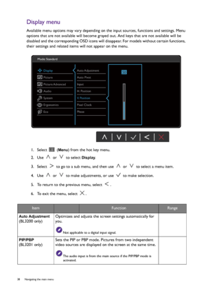 Page 3838  Navigating the main menu  
Display menu
Available menu options may vary depending on the input sources, functions and settings. Menu 
options that are not available will become grayed out. And keys that are not available will be 
disabled and the corresponding OSD icons will disappear. For models without certain functions, 
their settings and related items will not appear on the menu.
1.  Select   (
Menu) from the hot key menu.
2.  Use   or   to select 
Display.
3.  Select   to go to a sub menu, and...