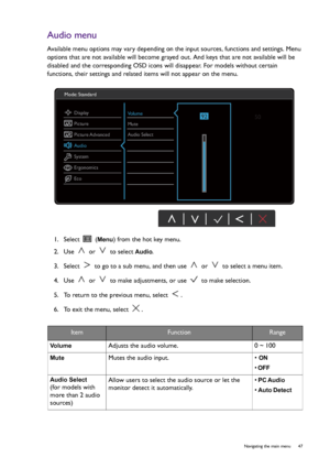 Page 47  47   Navigating the main menu
Audio menu
Available menu options may vary depending on the input sources, functions and settings. Menu 
options that are not available will become grayed out. And keys that are not available will be 
disabled and the corresponding OSD icons will disappear. For models without certain 
functions, their settings and related items will not appear on the menu.
1.  Select   (
Menu) from the hot key menu.
2.  Use   or   to select 
Audio.
3.  Select   to go to a sub menu, and...