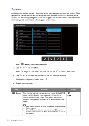 Page 5454  Navigating the main menu  
Eco menu
Available menu options may vary depending on the input sources, functions and settings. Menu 
options that are not available will become grayed out. And keys that are not available will be 
disabled and the corresponding OSD icons will disappear. For models without certain functions, 
their settings and related items will not appear on the menu.
1.  Select   (
Menu) from the hot key menu.
2.  Use   or   to select 
Eco.
3.  Select   to go to a sub menu, and then use...