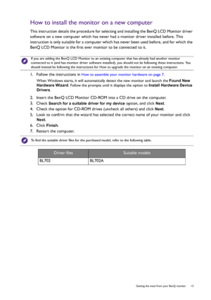 Page 13  13   Getting the most from your BenQ monitor
How to install the monitor on a new computer
This instruction details the procedure for selecting and installing the BenQ LCD Monitor driver 
software on a new computer which has never had a monitor driver installed before. This 
instruction is only suitable for a computer which has never been used before, and for which the 
BenQ LCD Monitor is the first ever monitor to be connected to it.
1.  Follow the instructions in
 How to assemble your monitor hardware...