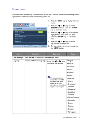 Page 27  27   How to adjust your monitor
System menu
Available menu options may vary depending on the input sources, functions and settings. Menu 
options that are not available will become grayed out.
1.  Press the 
MENU key to display the main 
menu.
2.  Press the   or   keys to select 
SYSTEM and then press the ENTER 
key to enter the menu.
3.  Press the   or   keys to move the 
highlight to a menu item and then 
press the 
ENTER key to select that 
item.
4.  Press the   or   keys to make 
adjustments or...