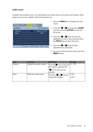 Page 29  29   How to adjust your monitor
Audio menu
Available menu options may vary depending on the input sources, functions and settings. Menu 
options that are not available will become grayed out.
1. Press the 
MENU key to display the main 
menu.
2. Press the   or   keys to select 
AUDIO 
and then press the 
ENTER key to enter 
the menu.
3. Press the   or   keys to move the 
highlight to a menu item and then press 
the 
ENTER key to select that item.
4. Press the   or   keys to make 
adjustments or...